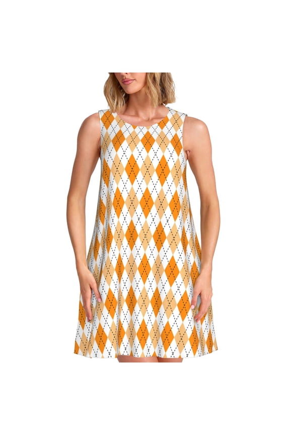 Orange argyle Print Summer Dresses for Women,Beach Sleeveless Flowy Pocket Tshirt Tank Sundresses,Women's Sleeveless Dress