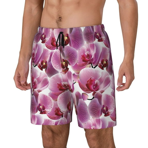 Logiee Orchids Flowers Print Men's Swim Trunk,Quick Dry Board Shorts ,Men's Swim Trunks with Compression Liner, Bathing Suits with Pockets-Small