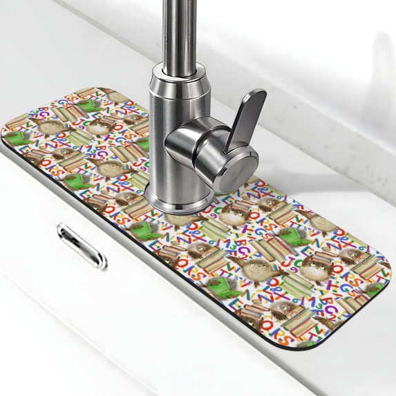 Logiee Owl Back To School Print Kitchen Sink Splash Guard Faucet Mat for Splash Guard Behind Faucet Drip Catcher for Kitchen,Bathroom,Sink Mat,Dish Drying Mat,Bathroom-15" X 5.5"