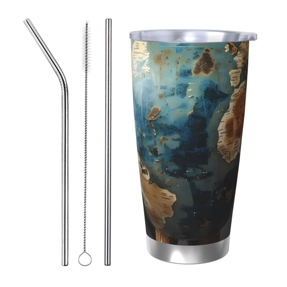 Logiee Owl Globe Sculpture Print 20OZ Car Cup with Lid, Stainless Steel Vacuum Insulated Double Wall Travel Tumbler, Durable Insulated Coffee Mug,Thermal Cup with Straw-Straw Three-piece Set