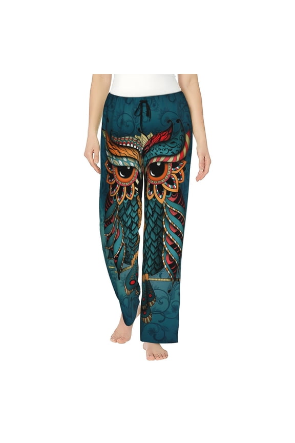 Owl In Blue Print Women Pajama Pants,Comfy Pj Bottom with Pockets & Drawstring,Stretch Casual Sleepwear-Medium