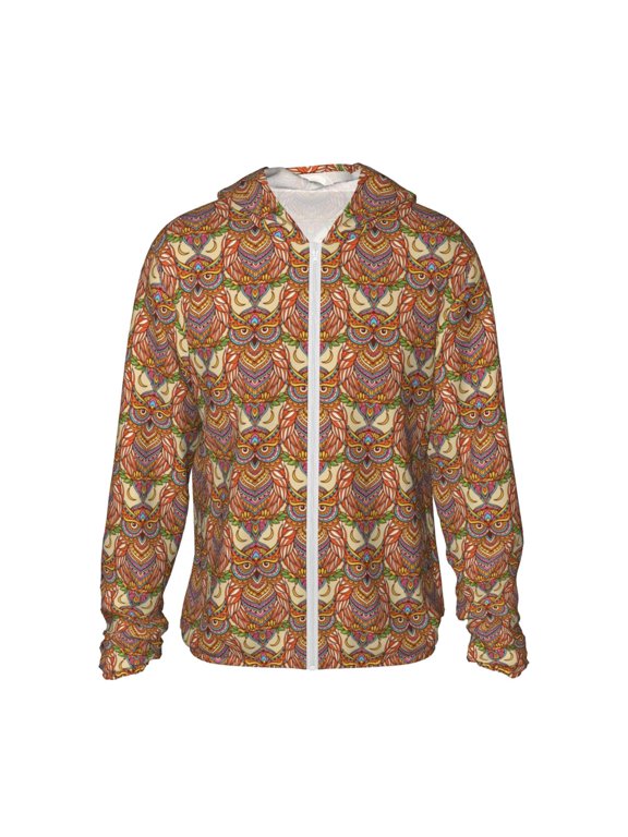 Owl Mandala Print Men's Women Light Jacket Full Zip Sun Protection Hoodie Long Sleeve Sun Shirts for Men Hiking Fishing Zip Pockets-Medium