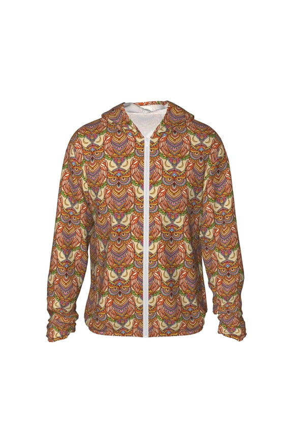 Owl Mandala Print Men's Women Light Jacket Full Zip Sun Protection Hoodie Long Sleeve Sun Shirts for Men Hiking Fishing Zip Pockets-Medium