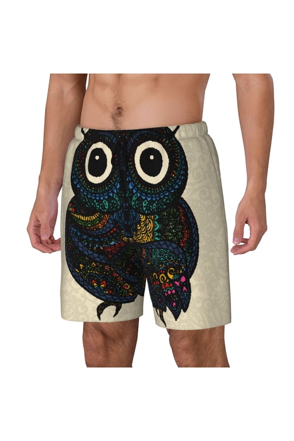 Owl with Mandala Print Men's Swim Trunk,Quick Dry Board Shorts ,Men's Swim Trunks with Compression Liner, Bathing Suits with Pockets-Medium