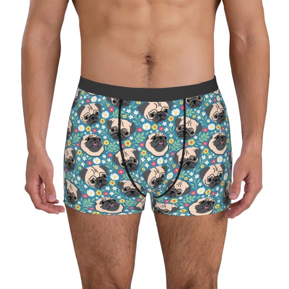 Logiee PUG HEAD And Flower Print Mens Boxer Briefs,Boxer Briefs for Men,Breathable Stretch Underwear,Boys Boxer Briefs-Large