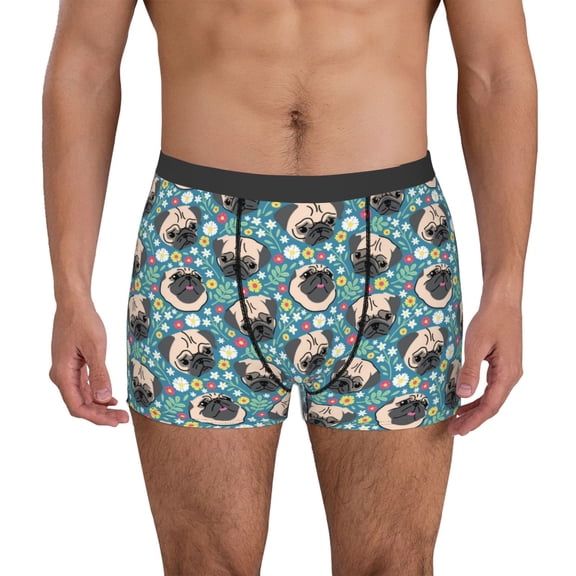 Logiee PUG HEAD And Flower Print Mens Boxer Briefs,Boxer Briefs for Men,Breathable Stretch Underwear,Boys Boxer Briefs-Small