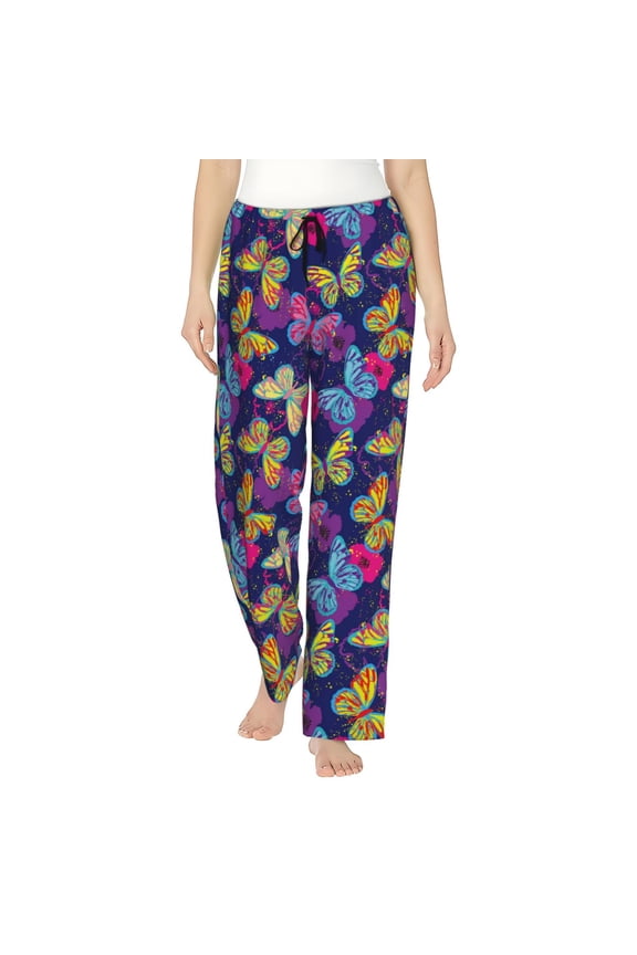 Paint Butterflies Print Women Pajama Pants,Comfy Pj Bottom with Pockets & Drawstring,Stretch Casual Sleepwear-Medium