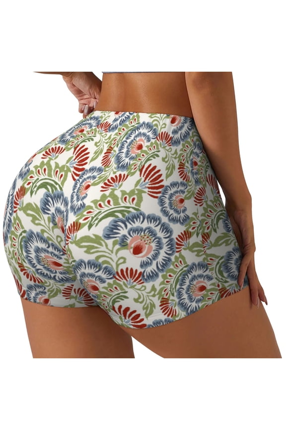 Paisley Floral 5 Print Women's Biker Shorts,Workout Gym Shorts,Scrunch Shorts,Tummy Control Hidden Scrunch Running Yoga Shorts-Large