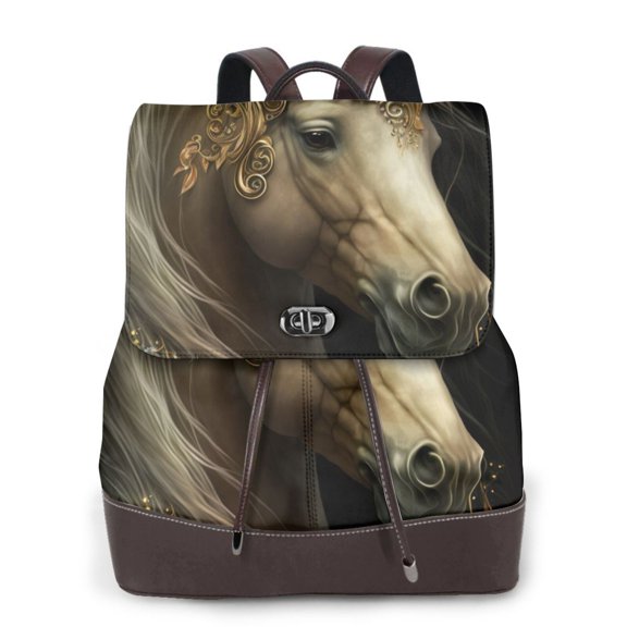 Logiee Palatial Gold Pattern Horse Print Backpack Purse for Women,Fashion Leather Backpack Purse,Women's Leather Backpack for Work College Travel