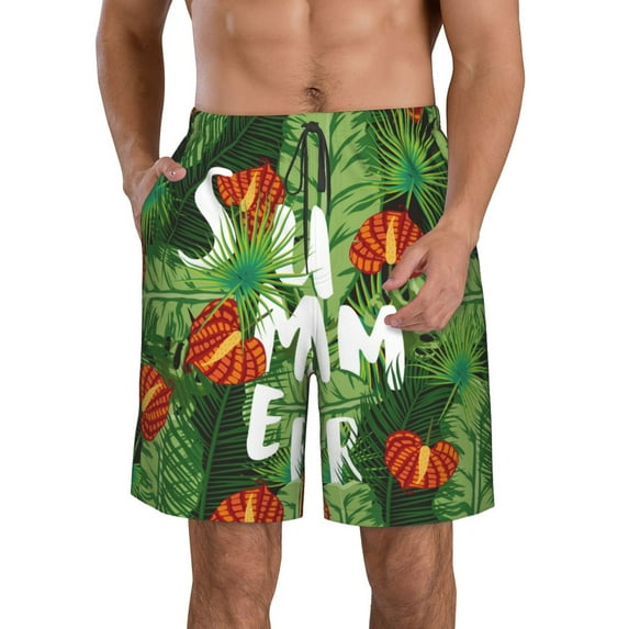 Logiee Palm Leaves And Tropical Flowers Print Mens Swim Trunks Quick Dry Board Shorts,Breathable Hawaii Beach Shorts Swimwear Bathing Suits-X-Large