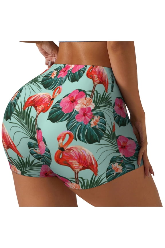 Palm Leaves Flamingo Print Women's Biker Shorts,Workout Gym Shorts,Scrunch Shorts,Tummy Control Hidden Scrunch Running Yoga Shorts-X-Large