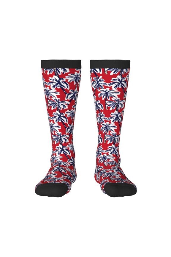 Palm Tree Pattern on Red Print Gift Stocking Stuffers,Adult Stockings,Novelty Socks,Funny Socks Birthday Running Walking Sleeping