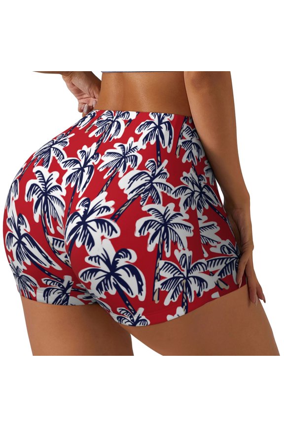 Palm Tree Pattern on Red Print Women's Biker Shorts,Workout Gym Shorts,Scrunch Shorts,Tummy Control Hidden Scrunch Running Yoga Shorts-Large