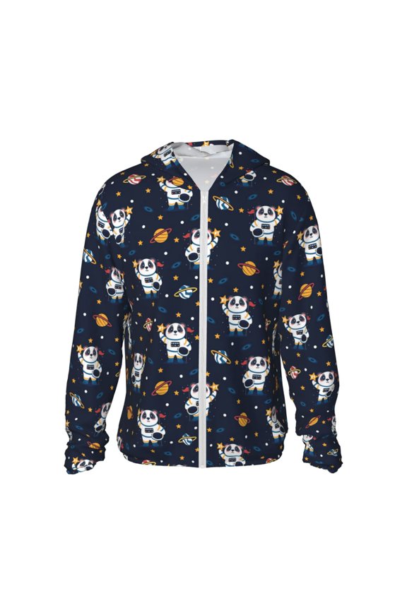 Panda Astronaut Print Men's Women Light Jacket Full Zip Sun Protection Hoodie Long Sleeve Sun Shirts for Men Hiking Fishing Zip Pockets-Small