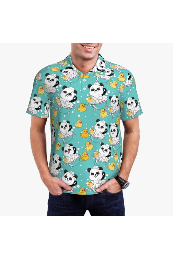 Panda Bathing Print Mens Polo Shirts,Mens Golf Polo Shirts,Short Sleeve Casual Polo Shirts for Men,Summer Fashion Beach Shirts-Medium