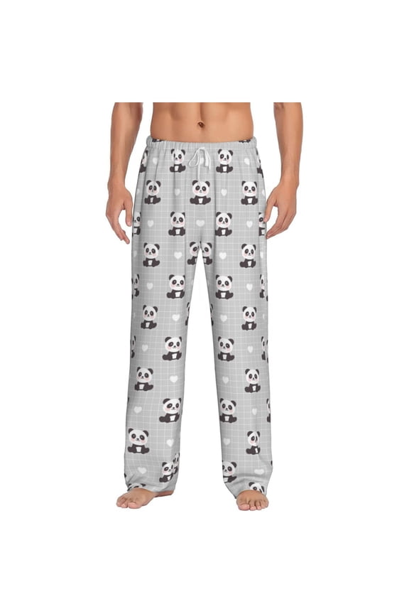 Panda Bear Print Pajama Pants for Men,Men’s Pajama Bottoms,Mens PJ Pants with Pockets & Button Fly-Large