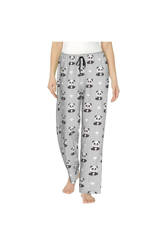 Panda Bear Print Women Pajama Pants,Comfy Pj Bottom with Pockets & Drawstring,Stretch Casual Sleepwear-Medium