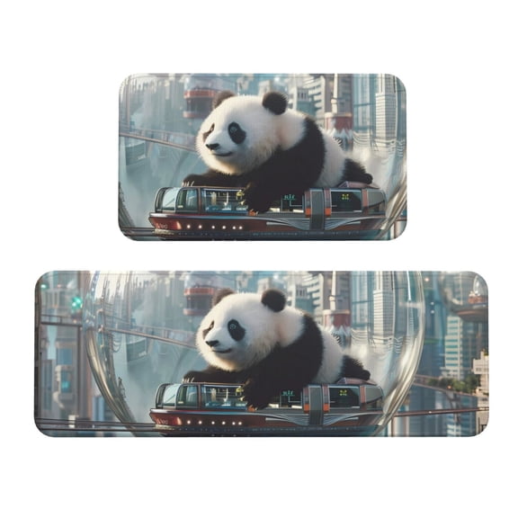 Logiee Panda In Futuristic City Print Kitchen Mats for Floor Sets of 2,Waterproof Kitchen Rugs,Non Slip Comfort Standing Mat Rug for Home,Runner,Sink,Office,Laundry