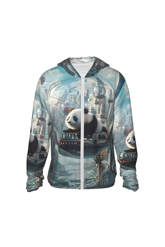 Panda In Futuristic City Print Men's Women Light Jacket Full Zip Sun Protection Hoodie Long Sleeve Sun Shirts for Men Hiking Fishing Zip Pockets-XX-Large