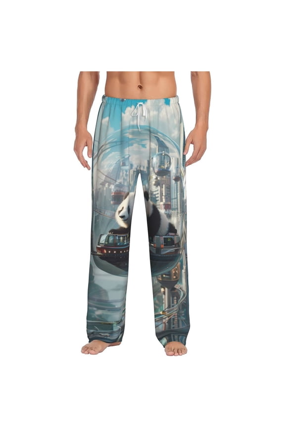 Panda In Futuristic City Print Pajama Pants for Men,Men’s Pajama Bottoms,Mens PJ Pants with Pockets & Button Fly-3X-Large