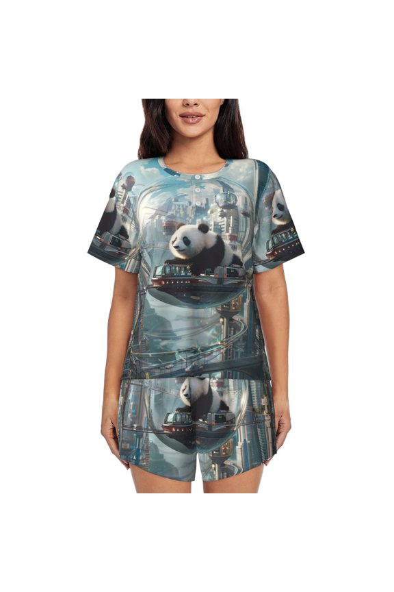 Panda In Futuristic City Print Womens Pajamas Set,Short-Sleeve Pajama 2 Piece Sleepwear with Pockets-Large