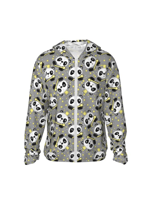 Panda With Crown And Stars Print Men's Women Light Jacket Full Zip Sun Protection Hoodie Long Sleeve Sun Shirts for Men Hiking Fishing Zip Pockets-Medium