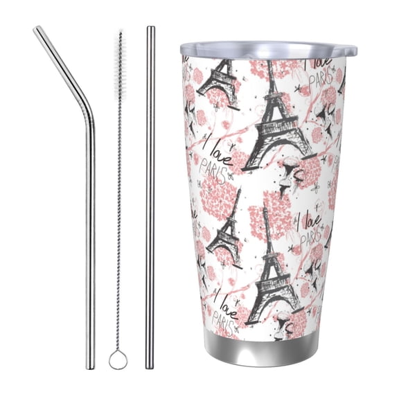 Logiee Paris Print 20OZ Car Cup with Lid, Stainless Steel Vacuum Insulated Double Wall Travel Tumbler, Durable Insulated Coffee Mug,Thermal Cup with Straw-Straw Three-piece Set