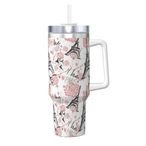 Logiee Paris Print 40OZ Ice Bully Cup with Handle and Straw, Double Wall Stainless Steel Tumbler,Travel Coffee Cup with Lid, Summer Insulation and Cooling Cup