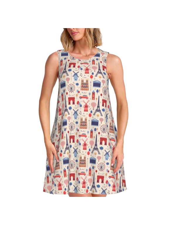 Paris Print Summer Dresses for Women,Beach Sleeveless Flowy Pocket Tshirt Tank Sundresses,Women's Sleeveless Dress