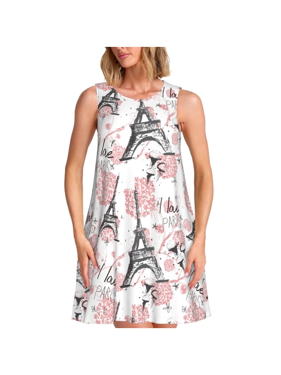 Paris Print Summer Dresses for Women,Beach Sleeveless Flowy Pocket Tshirt Tank Sundresses,Women's Sleeveless Dress