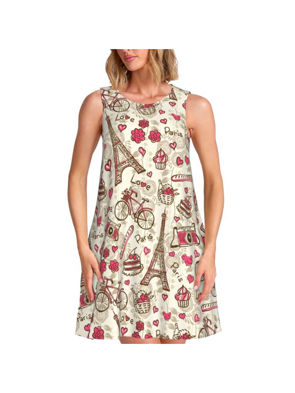 Paris Vintage Print Summer Dresses for Women,Beach Sleeveless Flowy Pocket Tshirt Tank Sundresses,Women's Sleeveless Dress