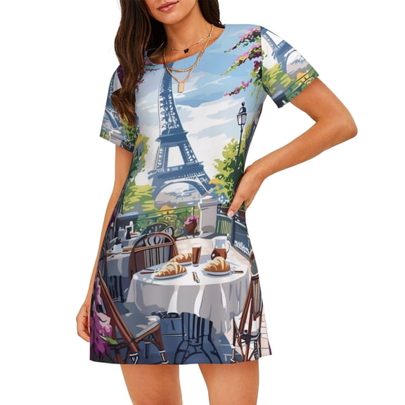 Logiee Parisian Cafe With Eiffel Print Nightgowns for Women,Soft Short-Sleeved Lightweight Sleepwear, Loose Sleepshirts