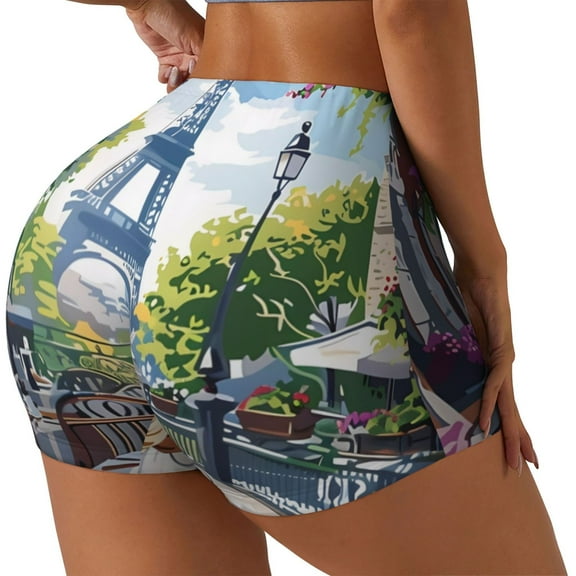 Logiee Parisian Cafe With Eiffel Print Women's Biker Shorts,Workout Gym Shorts,Scrunch Shorts,Tummy Control Hidden Scrunch Running Yoga Shorts-X-Large