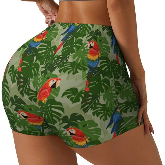 Logiee Parrots And Tropical Leaves Print Women's Biker Shorts,Workout Gym Shorts,Scrunch Shorts,Tummy Control Hidden Scrunch Running Yoga Shorts-X-Large
