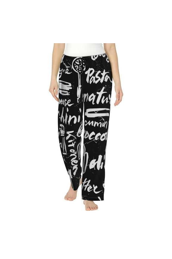 Pasta Bacon Print Women Pajama Pants,Comfy Pj Bottom with Pockets & Drawstring,Stretch Casual Sleepwear-Medium