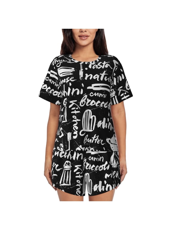 Pasta Bacon Print Womens Pajamas Set,Short-Sleeve Pajama 2 Piece Sleepwear with Pockets-Small