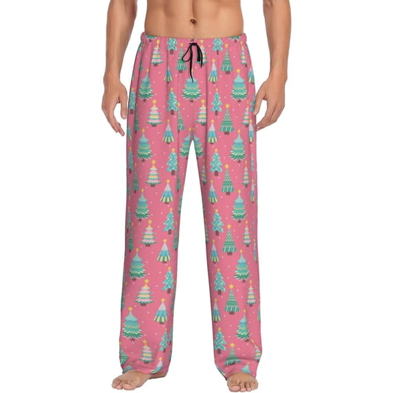 Logiee Pastel Christmas Trees on Pink Print Pajama Pants for Men,Men’s Pajama Bottoms,Mens PJ Pants with Pockets & Button Fly-3X-Large