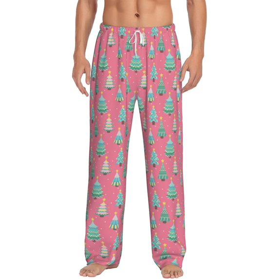 Logiee Pastel Christmas Trees on Pink Print Pajama Pants for Men,Men’s Pajama Bottoms,Mens PJ Pants with Pockets & Button Fly-Large