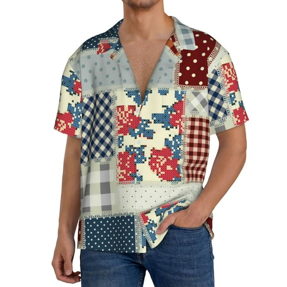 Logiee Patchwork In Country Style Print Men's Button Down Shirts Short Sleeve, Summer Beach Shirts,Vacation Wedding Shirts,Men's Casual Button-Down Shirts with Pocket-Medium
