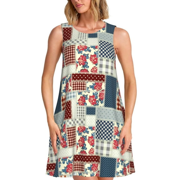 Logiee Patchwork In Country Style Print Summer Dresses for Women,Beach Sleeveless Flowy Pocket Tshirt Tank Sundresses,Women's Sleeveless Dress