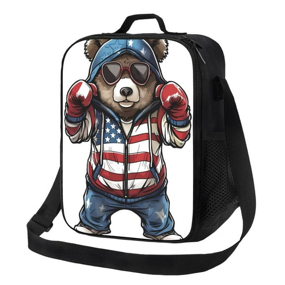 Logiee Patriotic Boxing Bear Art Print Insulated Lunch Bag for Women/Men, Reusable Lunch Box for Office Work School Picnic Beach,Leakproof Freezable Cooler Bag with Shoulder Strap