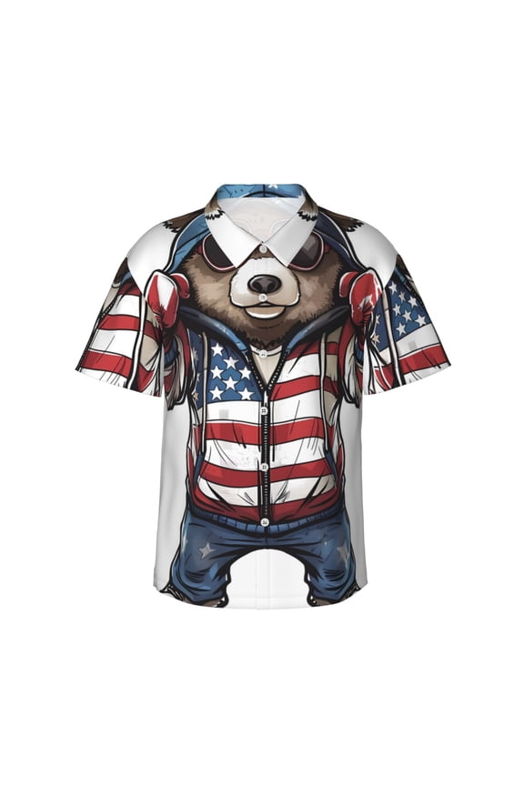 Patriotic Boxing Bear Art Print Mens Hawaiian Shirts,Loose-Fit Short Sleeve Button Down Tropical Aloha Beach Shirt,Summer Vacation Wedding Tops,Small