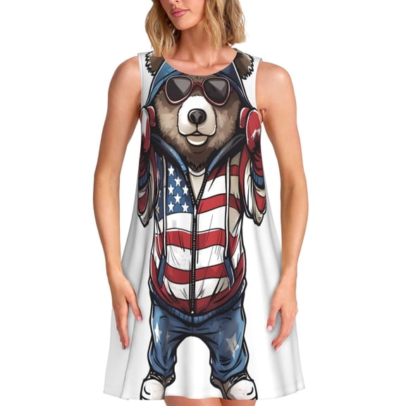 Logiee Patriotic Boxing Bear Art Print Summer Dresses for Women,Beach Sleeveless Flowy Pocket Tshirt Tank Sundresses,Women's Sleeveless Dress