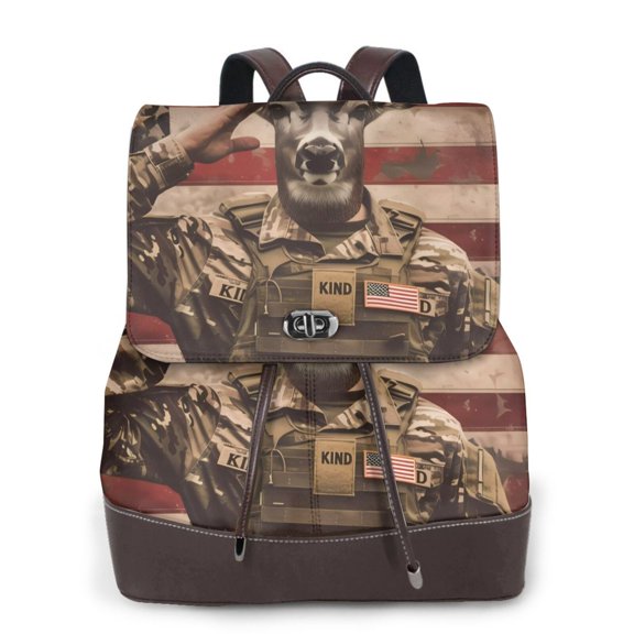 Logiee Patriotic Deer Soldier Salute Print Backpack Purse for Women,Fashion Leather Backpack Purse,Women's Leather Backpack for Work College Travel
