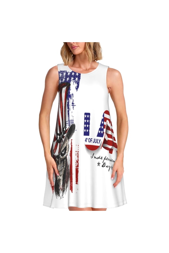 Patriotic Skull Art Print Summer Dresses for Women,Beach Sleeveless Flowy Pocket Tshirt Tank Sundresses,Women's Sleeveless Dress