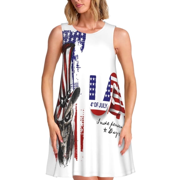 Logiee Patriotic Skull Art Print Summer Dresses for Women,Beach Sleeveless Flowy Pocket Tshirt Tank Sundresses,Women's Sleeveless Dress
