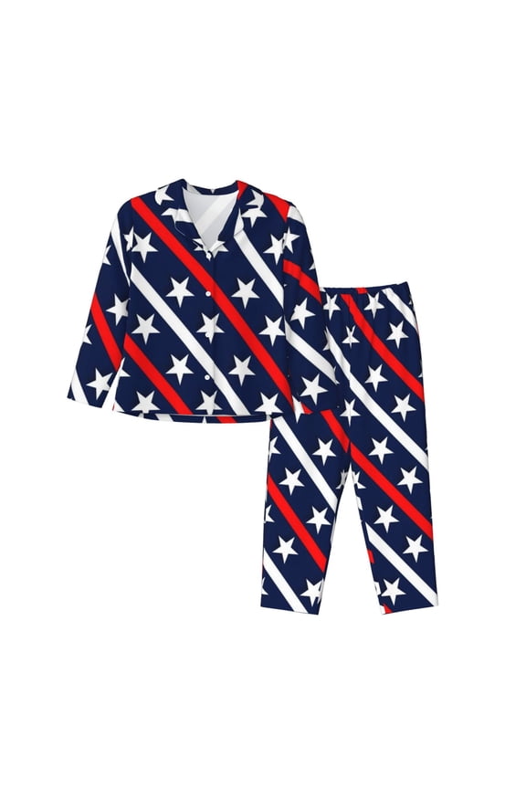 Patriotic Star Print Womens Pajamas Set,Long Sleeve Sleepwear,Button Down Lounge Set 2 Pieces,Soft Nightwear Pjs Set-Small