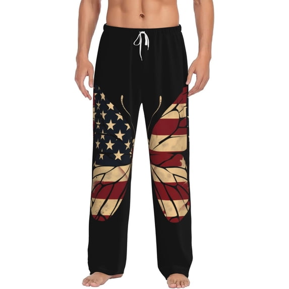 Logiee Patriotic USA Butterfly Art Print Pajama Pants for Men,Men’s Pajama Bottoms,Mens PJ Pants with Pockets & Button Fly-Large