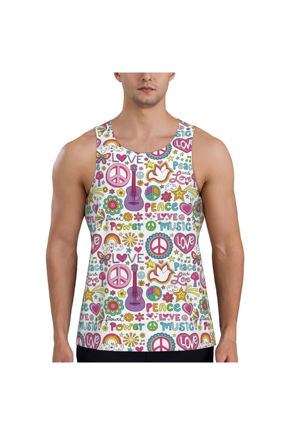 Peace Love and Dove Flower Power Print Men's Workout Tank Top,Quick Dry Workout Tank Top,Gym Muscle Tee,Fitness Bodybuilding Sleeveless T Shirt-Large