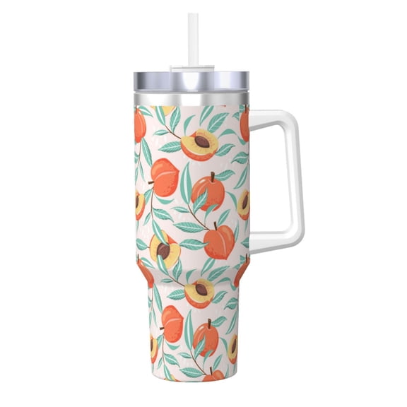 Logiee Peach Print 40OZ Ice Bully Cup with Handle and Straw, Double Wall Stainless Steel Tumbler,Travel Coffee Cup with Lid, Summer Insulation and Cooling Cup